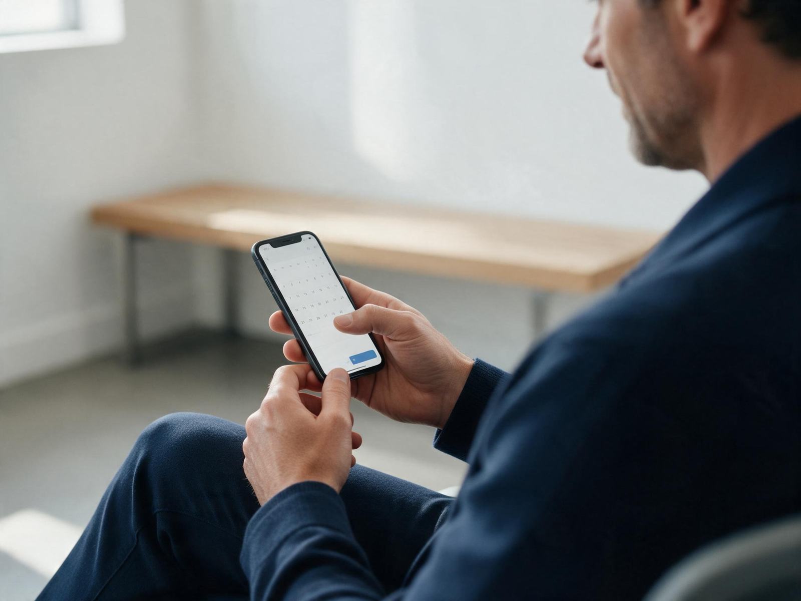 A man in a waiting room booking an appointment on his phone