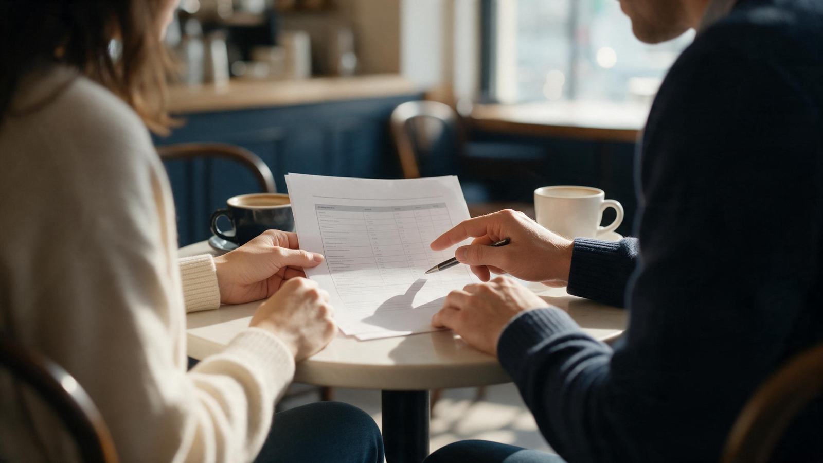 Two people at a café table reviewing a printed report, one pointing at it with a pen